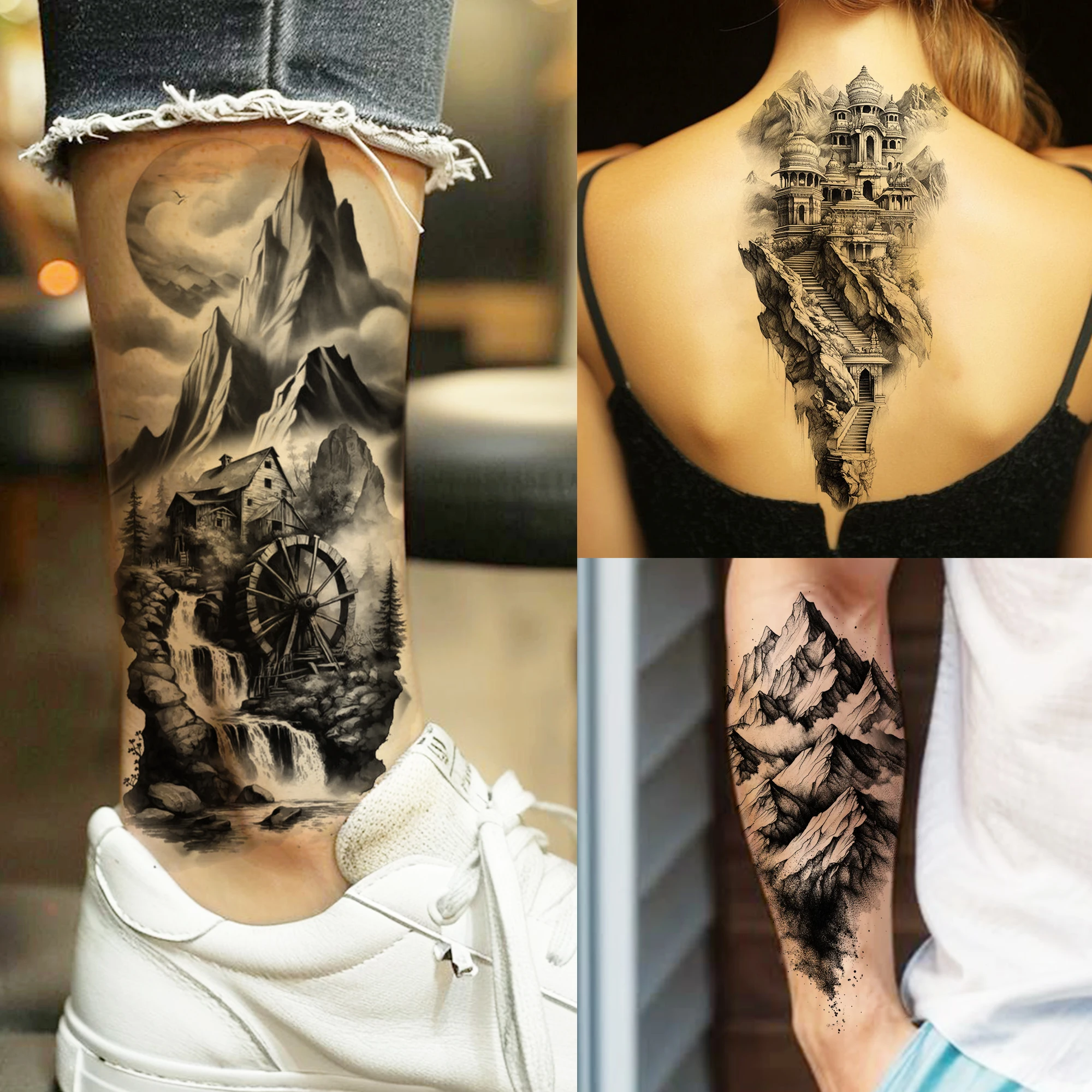 1 Blatt coole Bergwasserfall Dorf temporäre Tattoos realistische gefälschte Tattoos wasserdicht langlebig Körperkunst Tattoo Aufkleber Image