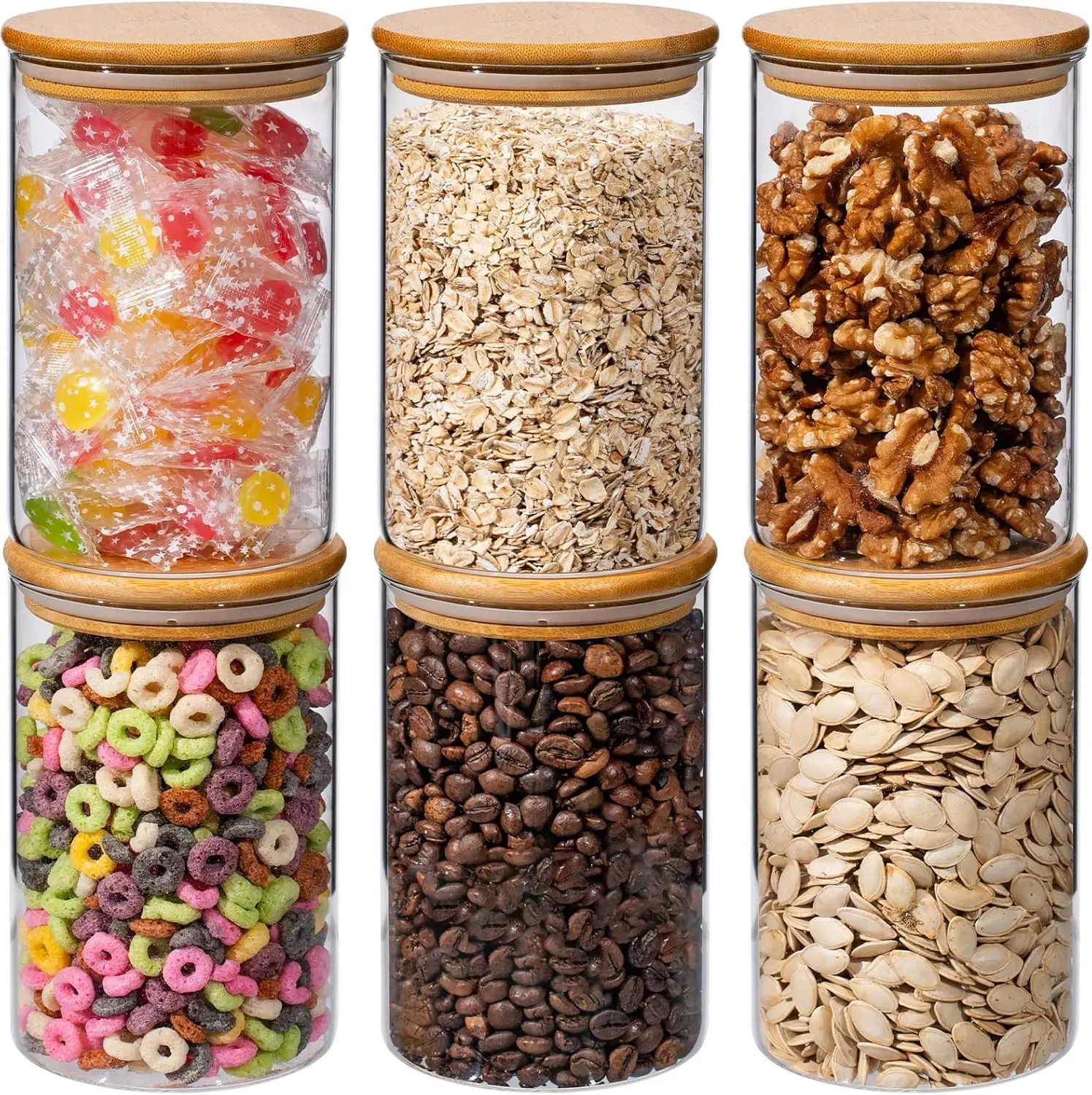 Bocaux ronds de stockage des aliments en verre hermétique de 32oz 6 pièces, récipient de stockage des aliments en verre transparent avec couvercle en bambou, pot à épices empilable