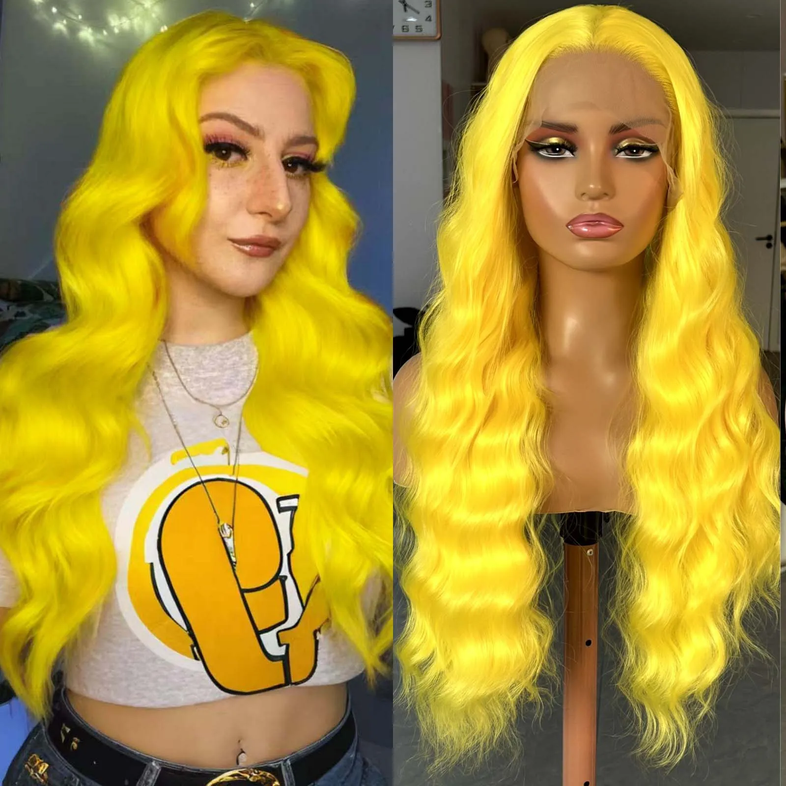 Zitronengelbe Perücke, lange gewellte natürliche lockige synthetische Lace-Front-Perücke, freie Party, tiefe Welle, farbige 13 x 4 Frontal-Perücken für Frauen, Party Image