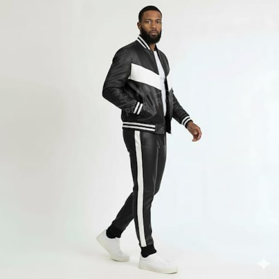 Tuta sportiva da uomo in pelle bovina bianca e nera fatta a mano / Completo streetwear a righe