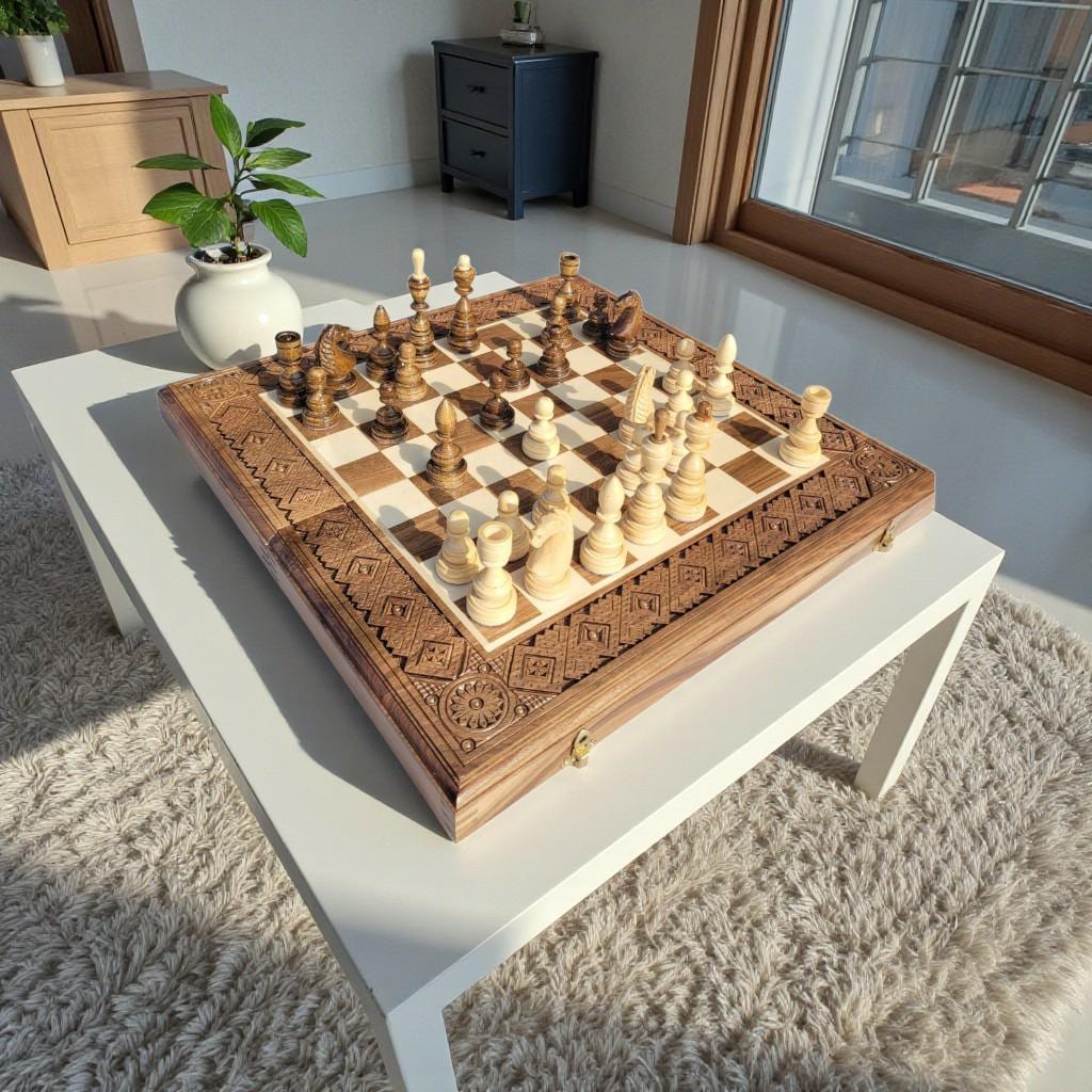 Set di scacchi premium. Set di scacchi in legno 3 in 1, dama e backgammon. Legno di noce e frassino fatto a mano. Gioco da tavolo intagliato. Regalo d