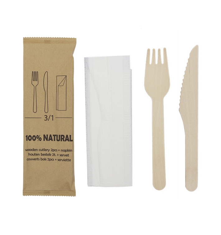 MONOUSO - Holzgabel, Messer und Servietten-Set 20,5cm (25 Stück) Image