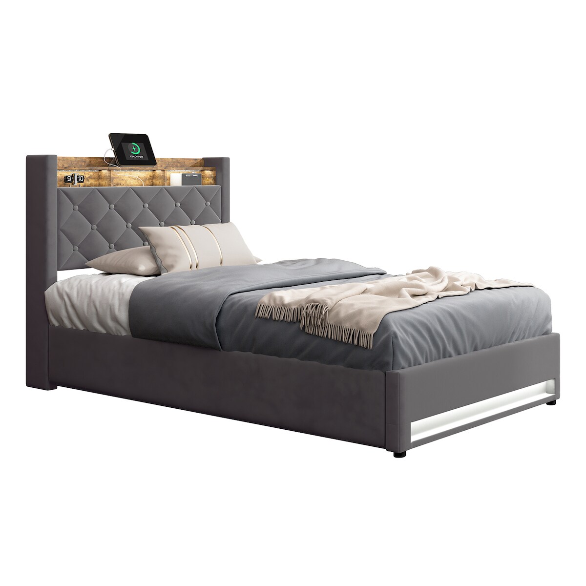 OKWISH Gepolstertes Einzelbett 90x190 cm mit LED Beleuchtung, USB Anschlüssen und Stauraum, stabiles Polsterbett mit Metallrahmen – Grau Image