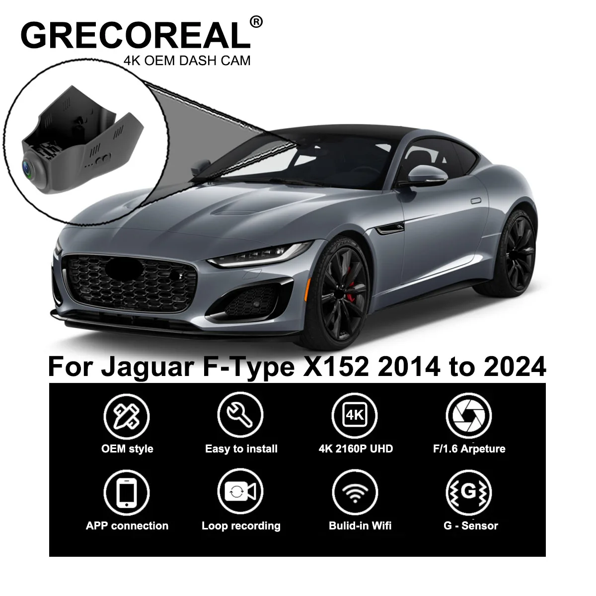 GRECOREAL 4K Dash Cam vorne und hinten WiFi Auto Dual Kamera Dashcam Plug Play kompatibel mit Jaguar F-Type F Typ Ftype X152 Image