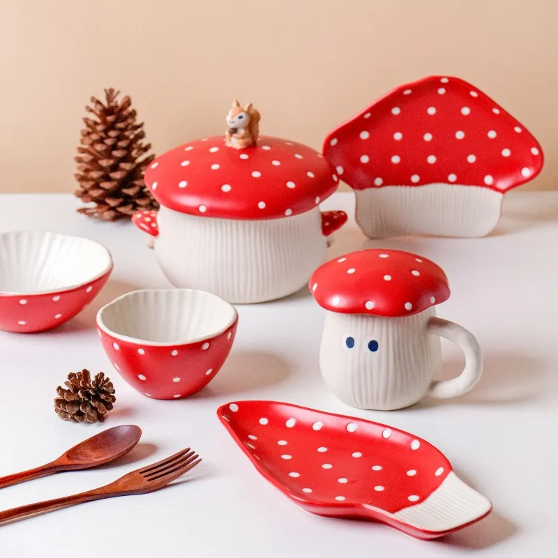 Cute Girl Heart Red Mushroom Ceramic Bowls Set, Household Tableware Dishes Plates for Kitchen Dining Room