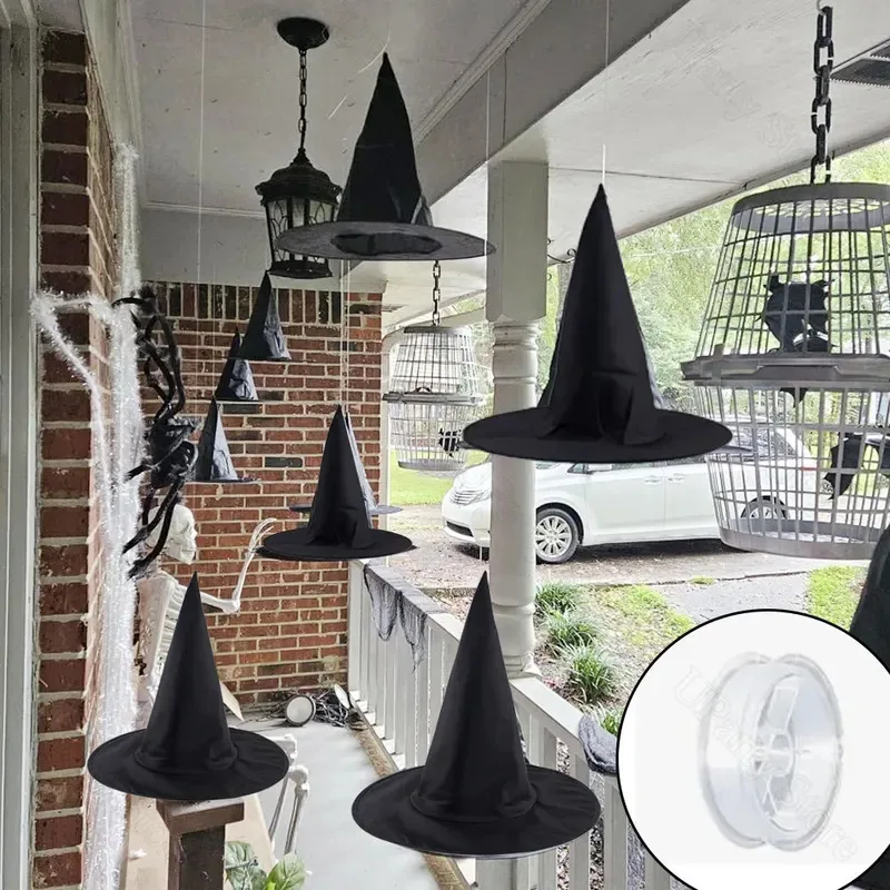 Schwarze hängende Hexenhüte für Halloween – 10 Stück große Zaubererhüte mit Seil, ideal für Heim-/Außenveranda-Dekoration und Partygeschenke Image