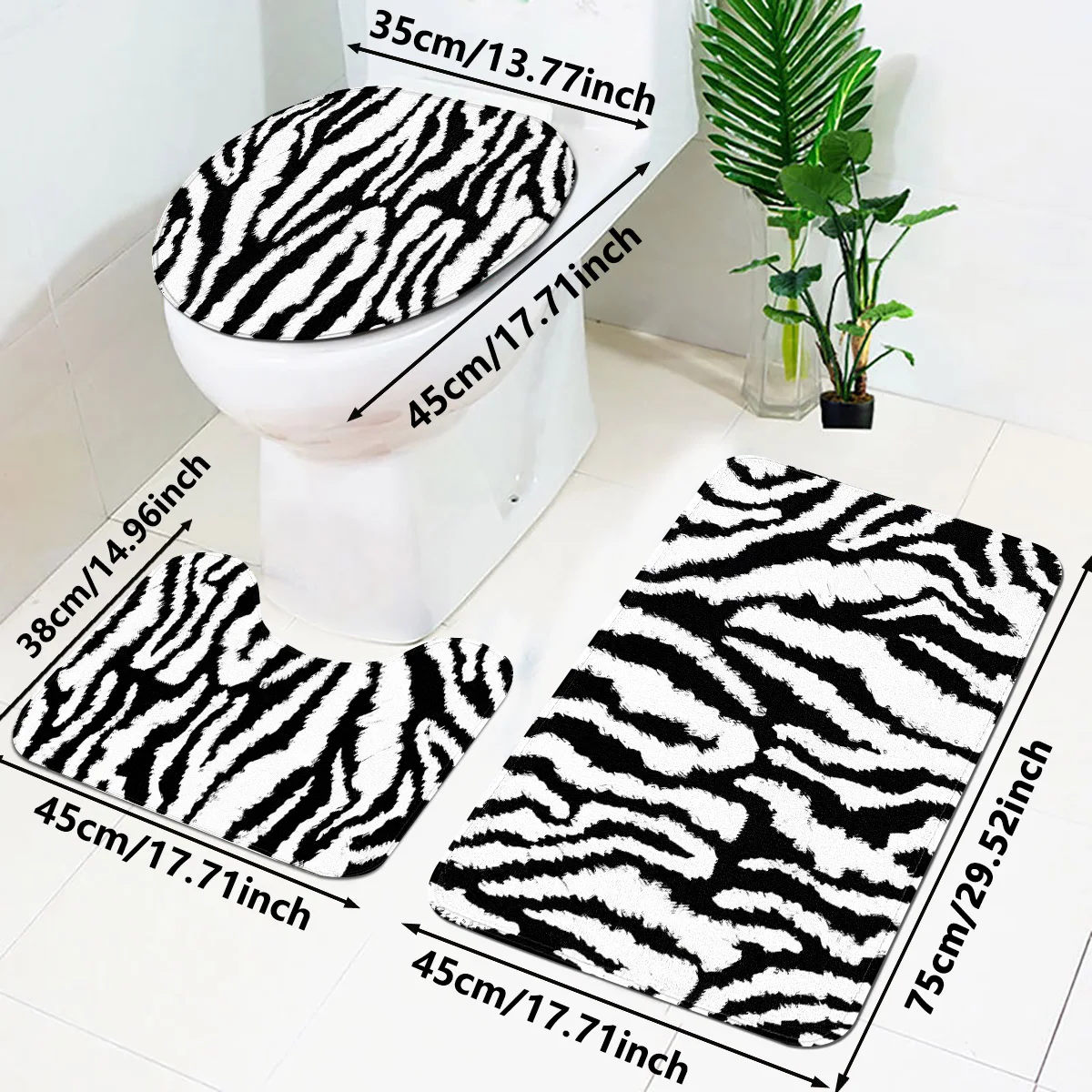 Tapis de salle de bain imprimé zèbre, pièce ou ensemble unique, tapis de toilette antidérapant en peluche, tapis en forme de U et tapis de bain pour une décoration de salle de bain élégante