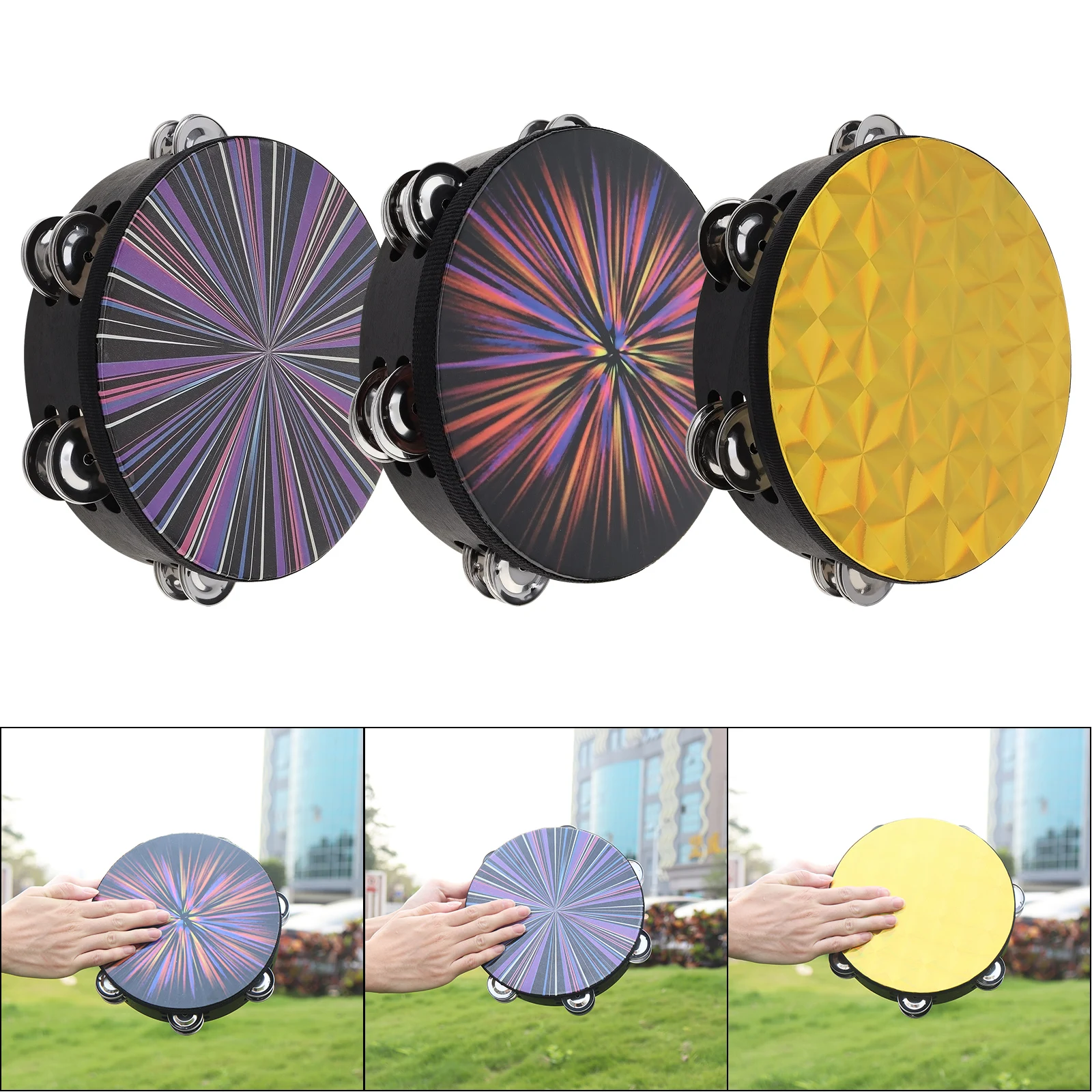 8-Zoll zweireihige Jingles Tamburin Handbell Handtrommel, Schlaginstrument aus Holz Image