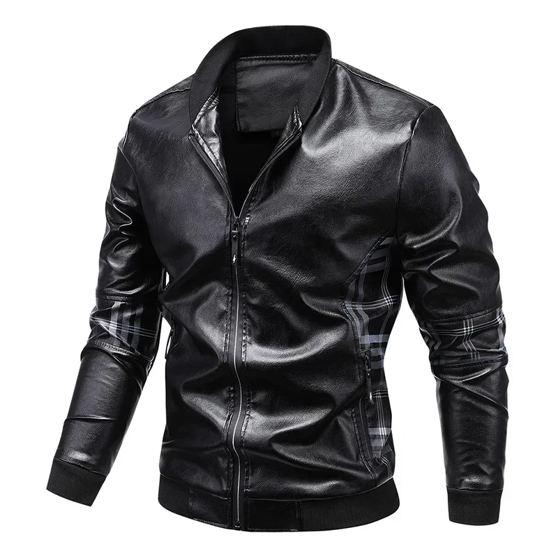 Herbst Seite Plaid gespleißt Lederjacke Männer stehen Kragen schlanke Pu Lederjacke Mode Motorrad kausalen Mantel Winter Herren Mantel Image