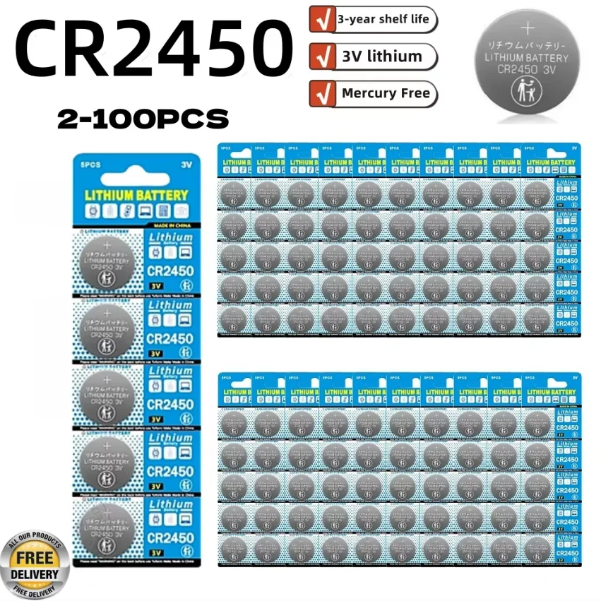 2–100 Stück CR2450 BR2450 3 V Lithium-Knopfbatterie, 600 mAh, Uhrenbatterie (auch passend für: 5029LC, LM2450, DL2450, CR2450N-Knopfbatterien) Image