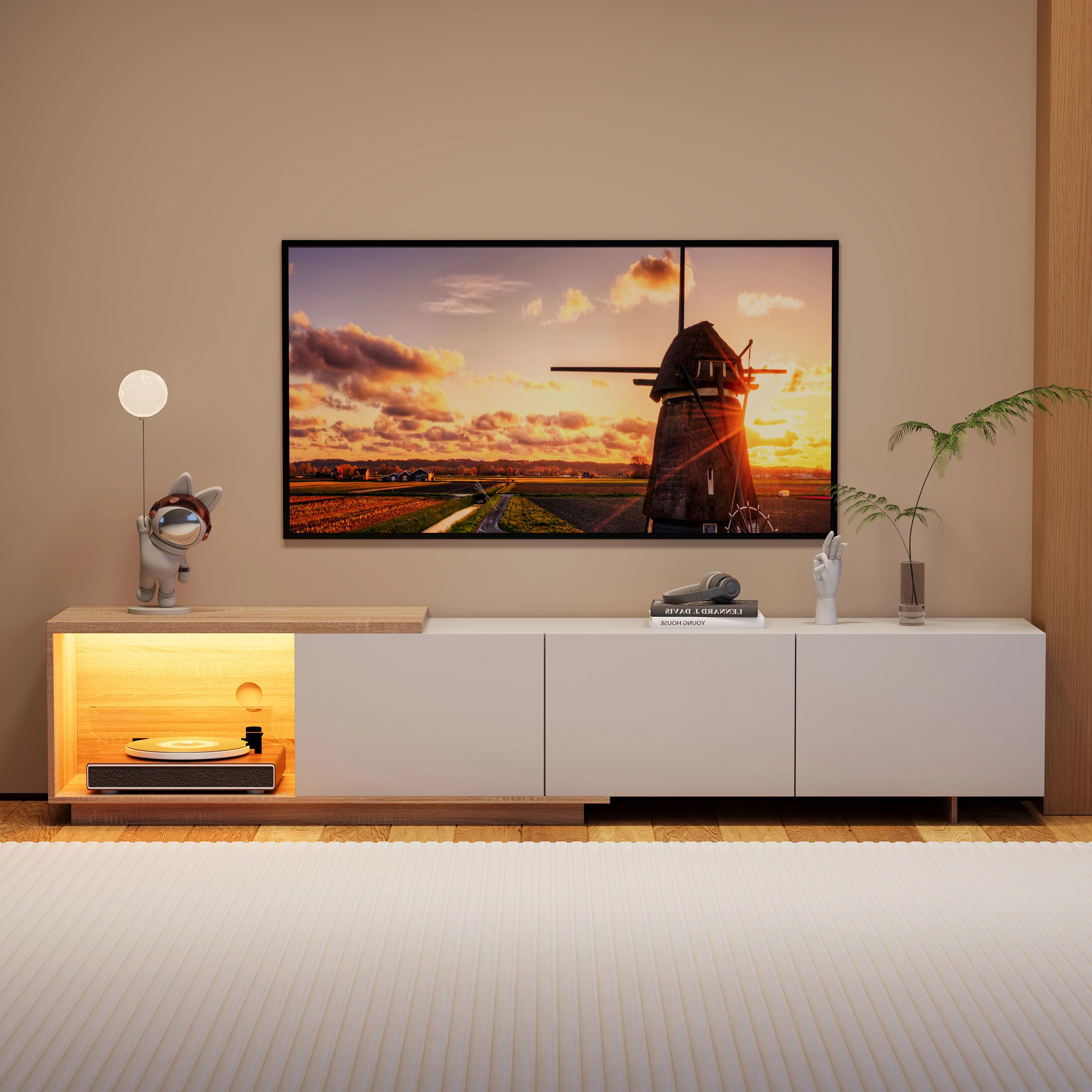 Meuble TV Roshanda avec LED, 240 cm, meuble TV avec 3 tiroirs, étagère TV pour téléviseurs jusqu'à 65 pouces, pour salon, chambre à coucher, blanc/noir