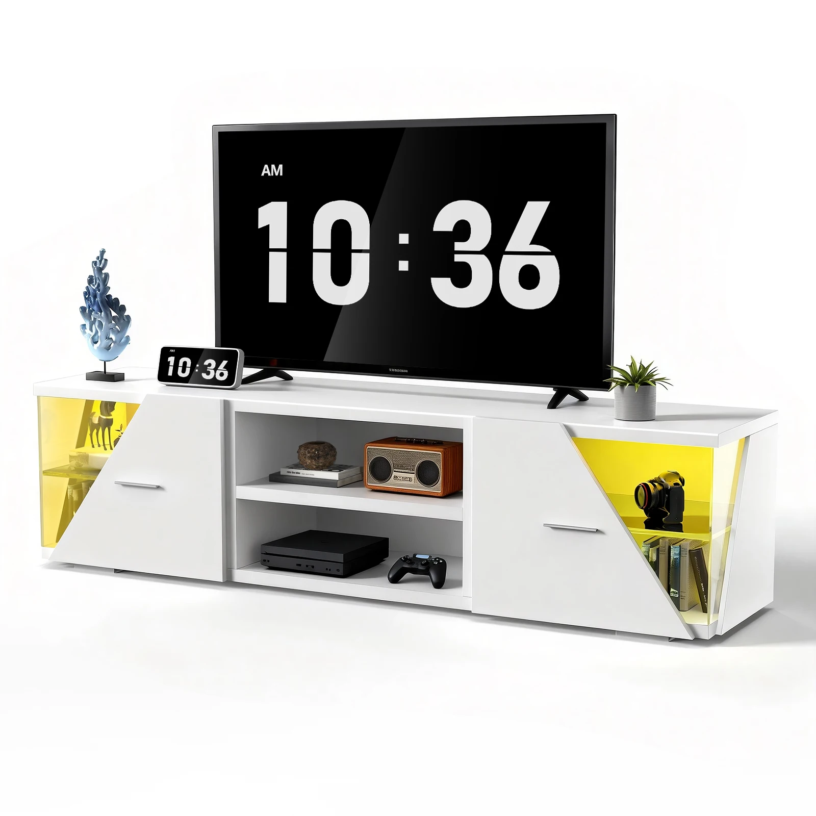 Armoire TV moderne, meuble TV basse 45 pouces avec lumières LED, armoire TV commode avec 2 armoires, table TV, meuble TV, blanc