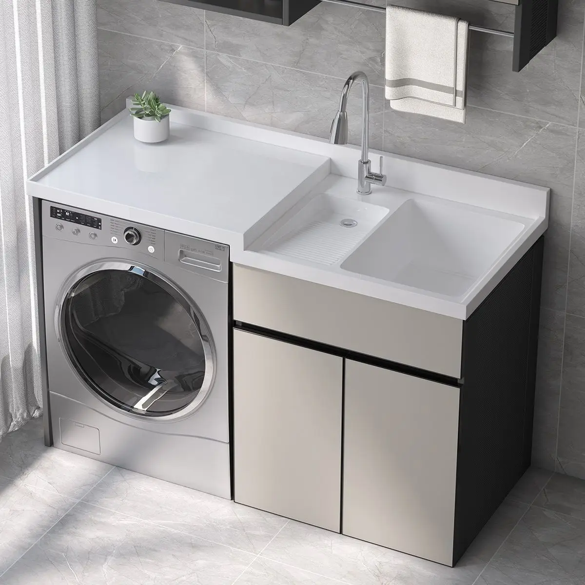 Balkon-Waschmaschine, integrierter Schrank, Kombinationsraum, Aluminium-Wäscheschrank, Waschbecken, Wäschewaschbecken mit Reibplattenrolle