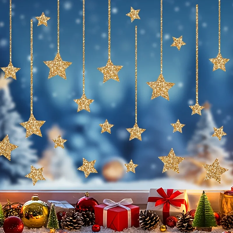 4 Blatt goldene glänzende Stern-Wandaufkleber, hängende Sternaufkleber, Weihnachtsaufkleber, Wandkunstdekoration, Wandaufkleber für die Inneneinrichtung Image