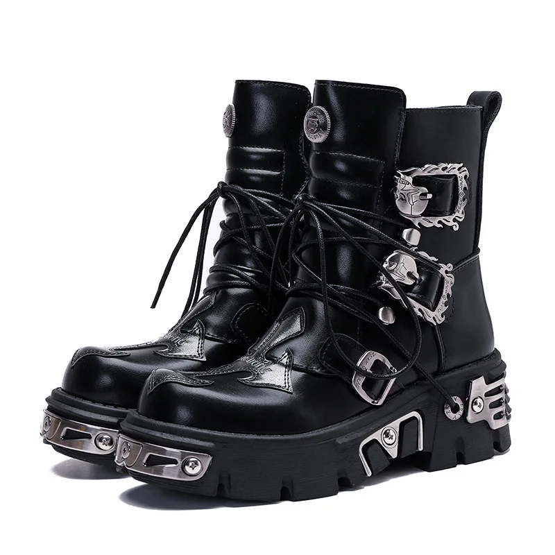 Motorrad Reitstiefel Retro Casual Hohe Schuhe Männer Frauen Spanisch Straße Schießen Metall Lokomotive Punk Rock Plattform Stiefel