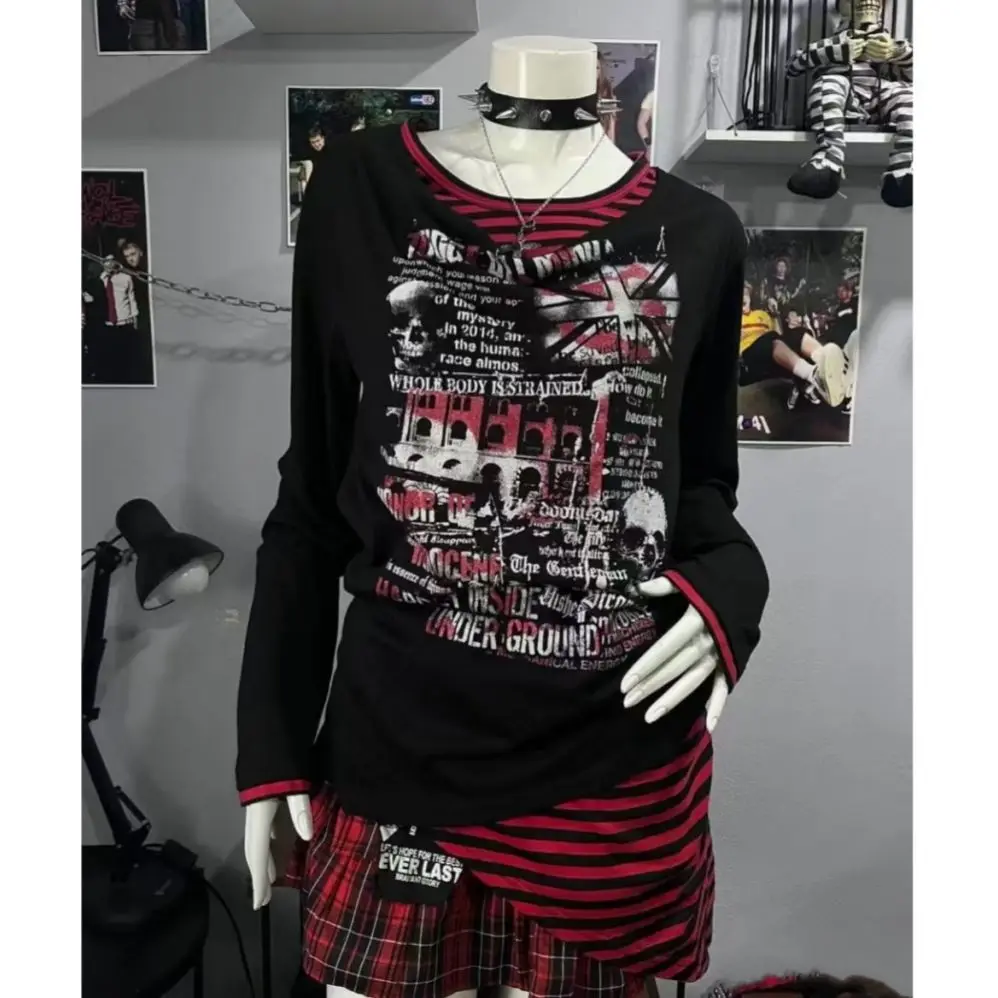 Subkultur Punk Vintage Tees Japanische Gotihc Punk T Shirts Harajuku Langarm T-shirts Frauen Y2k Kleidung Gedruckt Amerikanischen