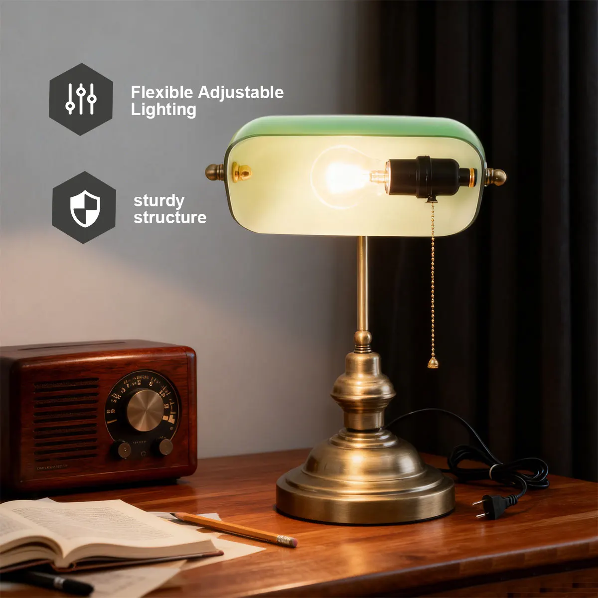 Moderne Bank-Schreibtischlampen mit Reißverschlussschalter. Grüner Lampenschirm aus Kunststoff ohne Glühbirne, mittelalterliche Bank-Schreibtischlampe, Heimbüro-Bibliothek