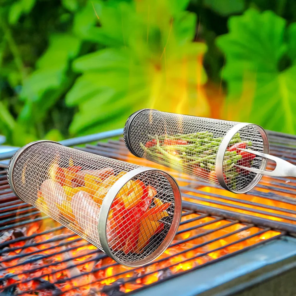 Rollbarer Grillkäfig, Outdoor-Grillkorb, Grillfass aus Edelstahl 304, Grillnetz, praktischer runder Grillkorb für Lagerfeuer Image