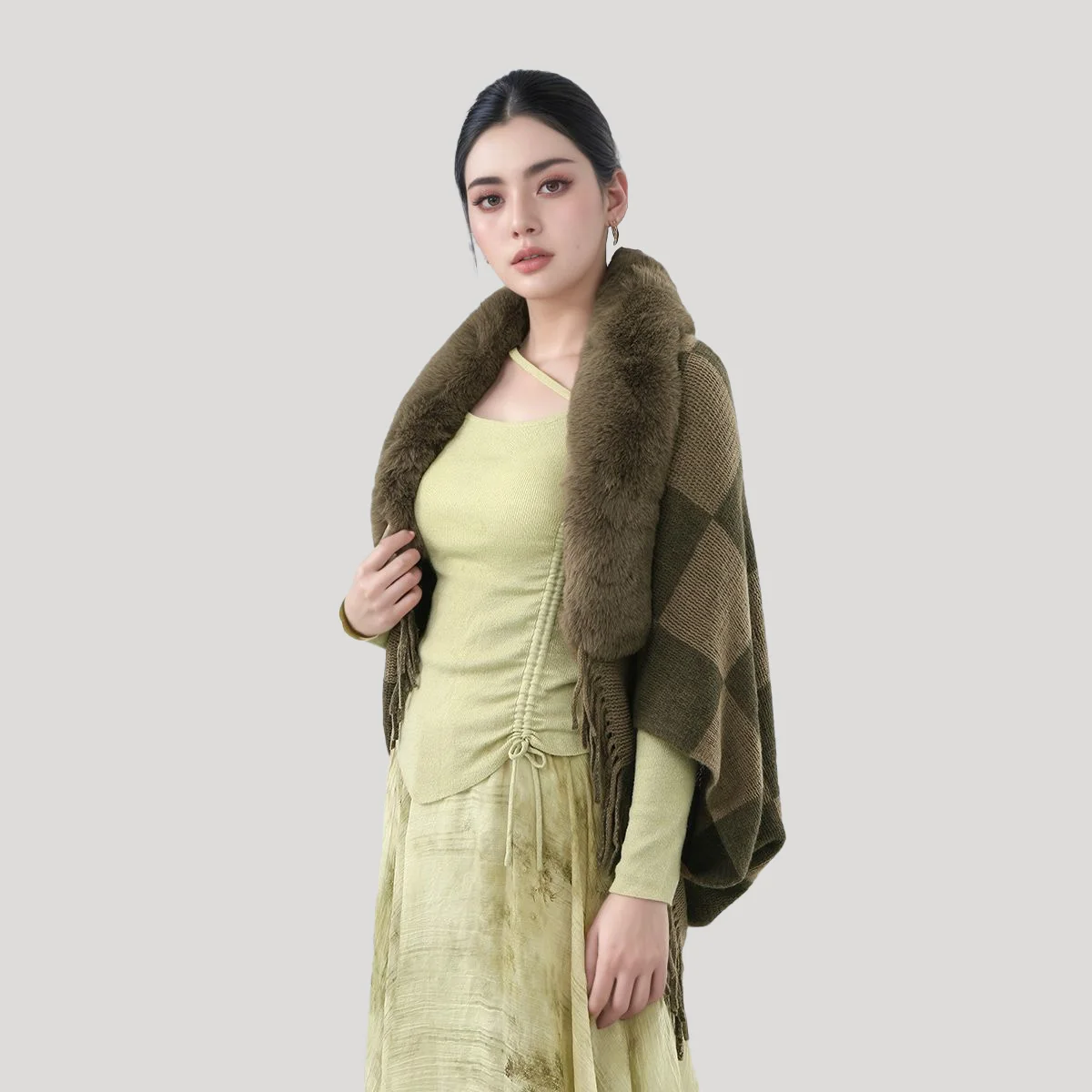 Mode Faux Pelz Kragen Plüsch Schal Stricken Plaid Strickjacke Cape Mantel Warme Verdicken Schal Herbst Winter Frauen Pullover Jacke Mantel Image