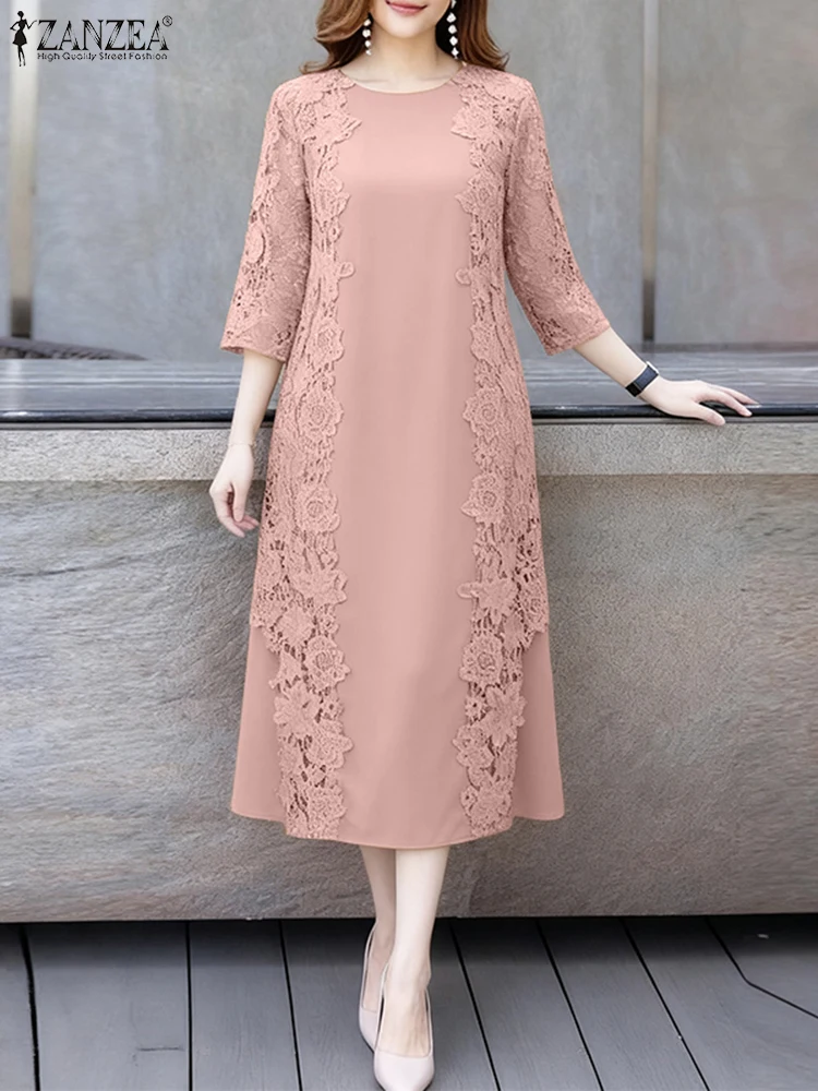 Stilvolle Damen-Kleider mit Spitzen-Patchwork, ZANZEA, elegantes Partykleid, Herbst, 3/4-Ärmel, Büro-Sommerkleid, Frühling, A-Linie, Midi-Robe