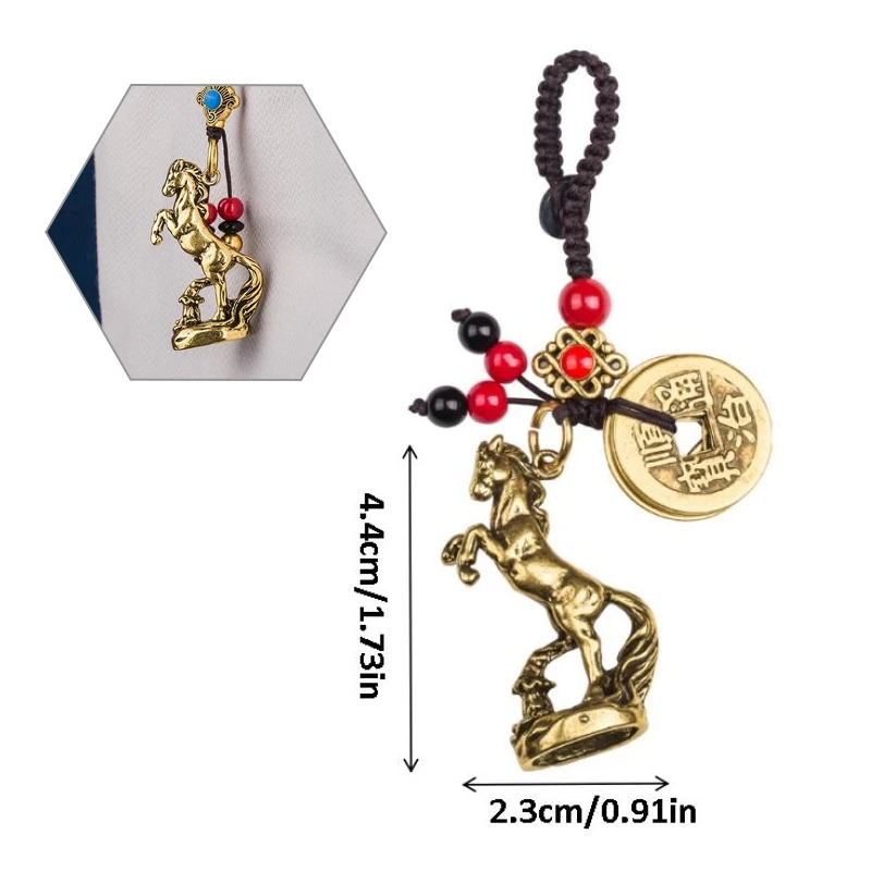 Sternzeichen Pferd Figur Messing Tierfiguren Anhänger Schlüsselanhänger Anhänger Vintage Bronze Kupfer Feng Shui Reichtum Schlüsselanhänger Taschenanhänger Image