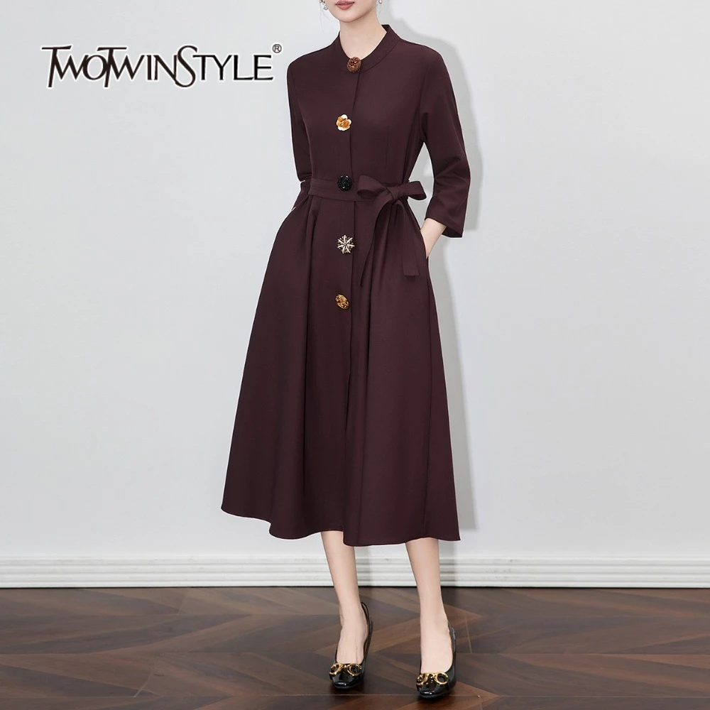 TWOTWINSTYLE Solid Spliced 3D Buttons Temperament Dresses for Women Round Neck Wrist Sleeves Patchwork Lace Up Dress Female New