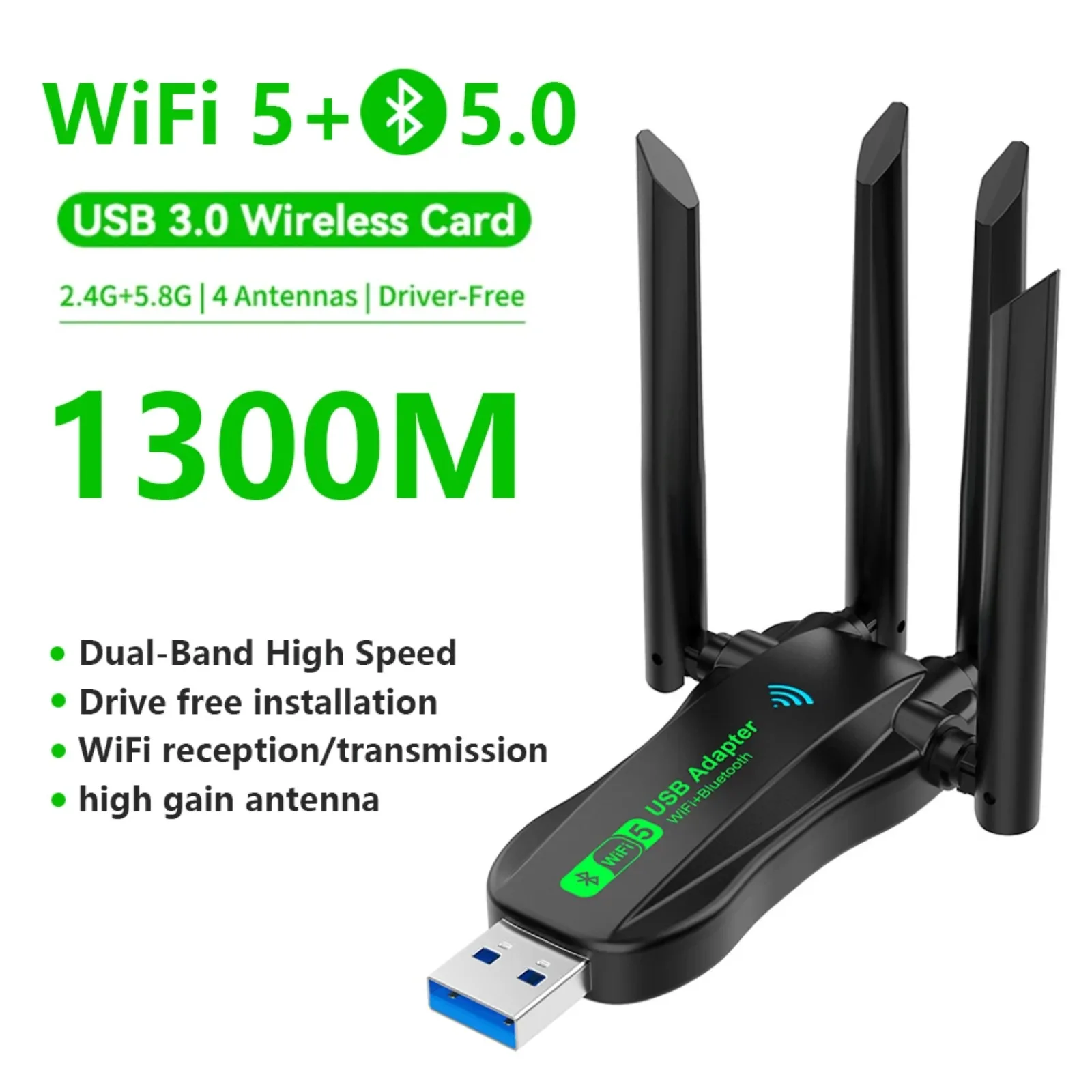 1300 Mbit/s WiFi BT 2-in-1 USB-Adapter Dual Band 2,4 GHz/5 GHz Wi-Fi-Dongle 802.11AC Leistungsstarker Antennen-Funkempfänger für PC/Laptop Image