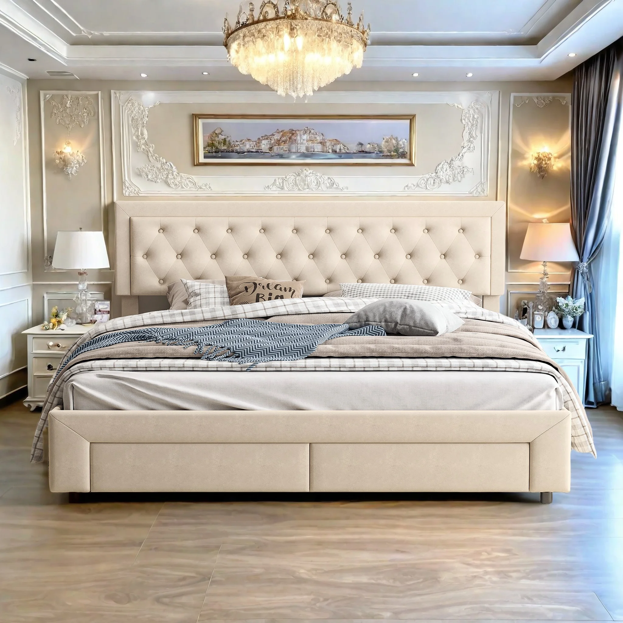 Gepolstertes Bettgestell 180x200 cm, hydraulisches Bettgestell, Stauraumbett mit Schublade, mit Kopfteil und Lattenrost, Samt, beige