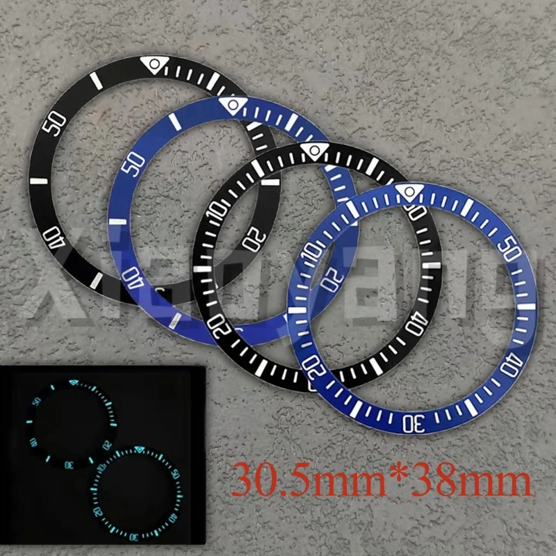30,5 mm * 38 mm schwarzer Keramik-Uhrenlünetteneinsatz, blau-grün leuchtende Lünette, passend für 40 Tauchgehäuse, modifizierte Ersatz-Uhrenteile