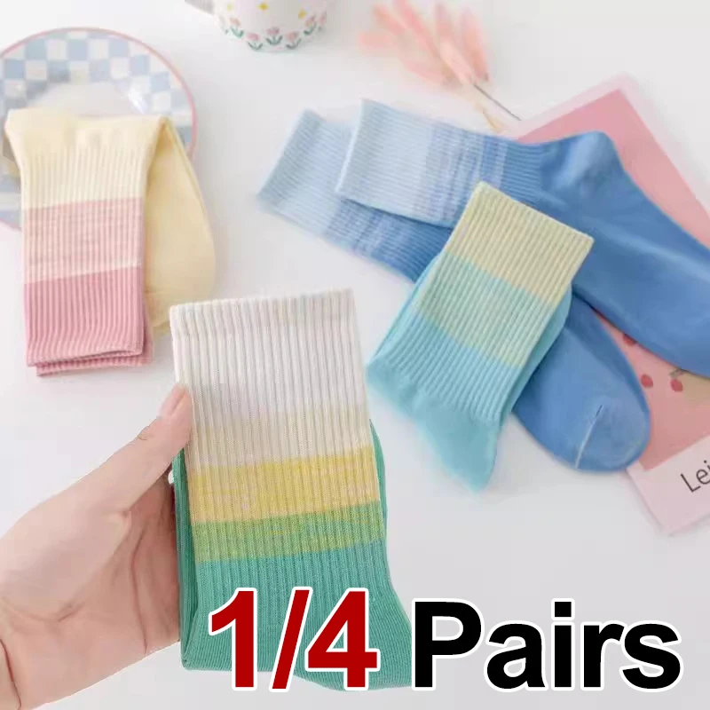 1/4 Paar Damen-Socken mit Batik-Farbverlauf und mittlerem Schlauch, modisch, schlicht, weich, bequem, für alle Jahreszeiten, Sport- und Freizeitsocken Image