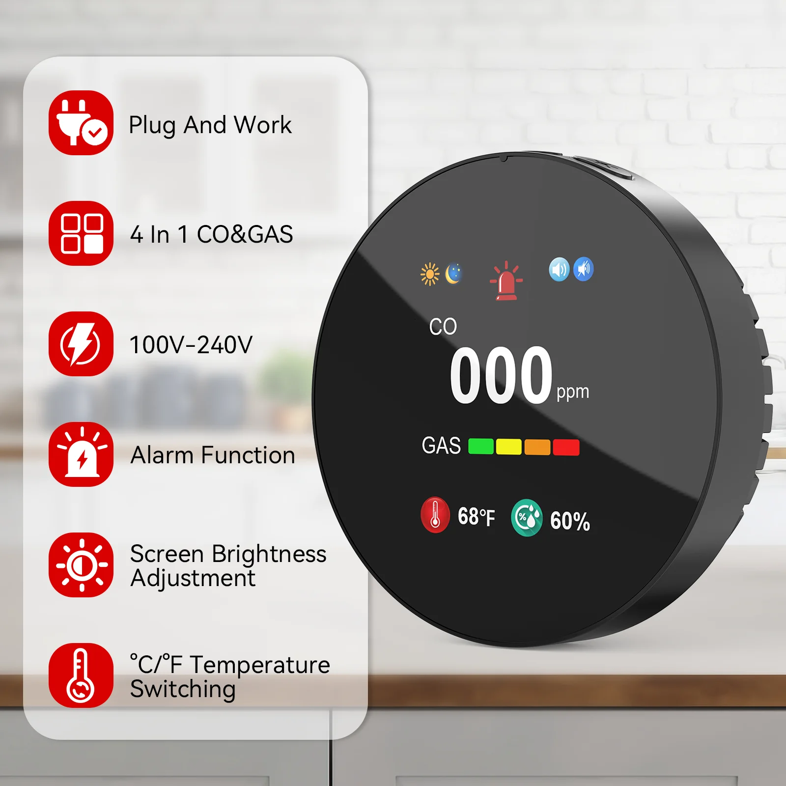 CHZHVAN Kombinations-Kohlenmonoxidmelder und Gas-4-in-1-Erdgas- und CO-Alarm mit Temperatur und Luftfeuchtigkeit für die Sicherheit zu Hause Image