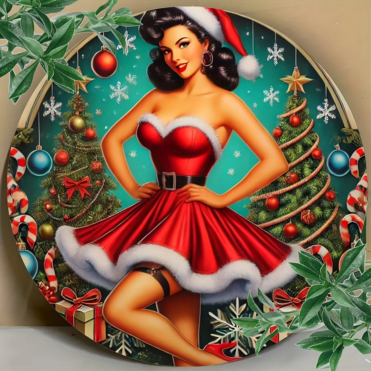 Vintage Christmas Lady Wanddekoration – 7,8 x 7,8 Zoll (20 x 20 cm) 2D-gedrucktes Aluminiumschild – künstlerische Heimdekoration Image