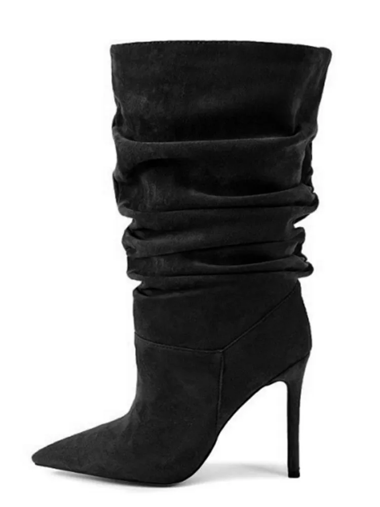 Stilvolle plissierte Damen-Stiefel mit mittlerer Wade, spitzer Zehenbereich, Slip-on, kurze Stiefel mit hohen Absätzen, Wildlederstiefel, Damenschuhe, große Größe 35–47