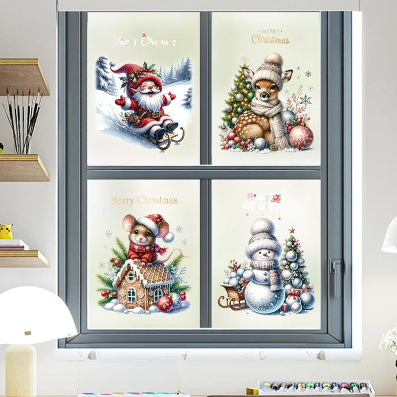 Weihnachts-Wandaufkleber, Weihnachtsmann, Rentier, Schneemann, abnehmbare Fensteraufkleber für Zuhause, Geschäft, Dekoration, Neujahr, Festival, Glasdekoration Image
