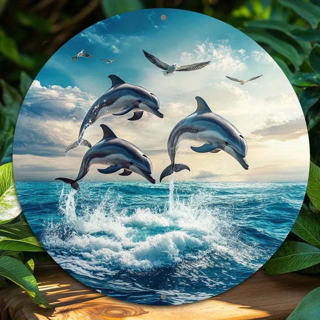 Vintage Blechschild 2D flach rund Metall Wandkunst Aluminium Delphin für Bar Küche Dekor