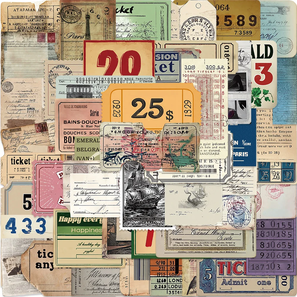 50 Stück Vintage ästhetische Ticketnotizen-Aufkleber für Scrapbook, Journaling, Planer, Zeitschriften, Retro-Aufkleber-Set, Laptop-Zubehör Image