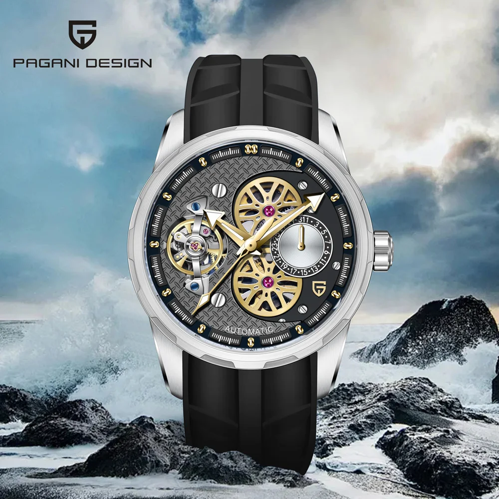 PAGANI DESIGN Herrenuhr 2025new Tourbillon Skeleton Mechanische Uhr Luxus Automatikuhr Für Männer Gummi Saphir Uhr Geschenk Image
