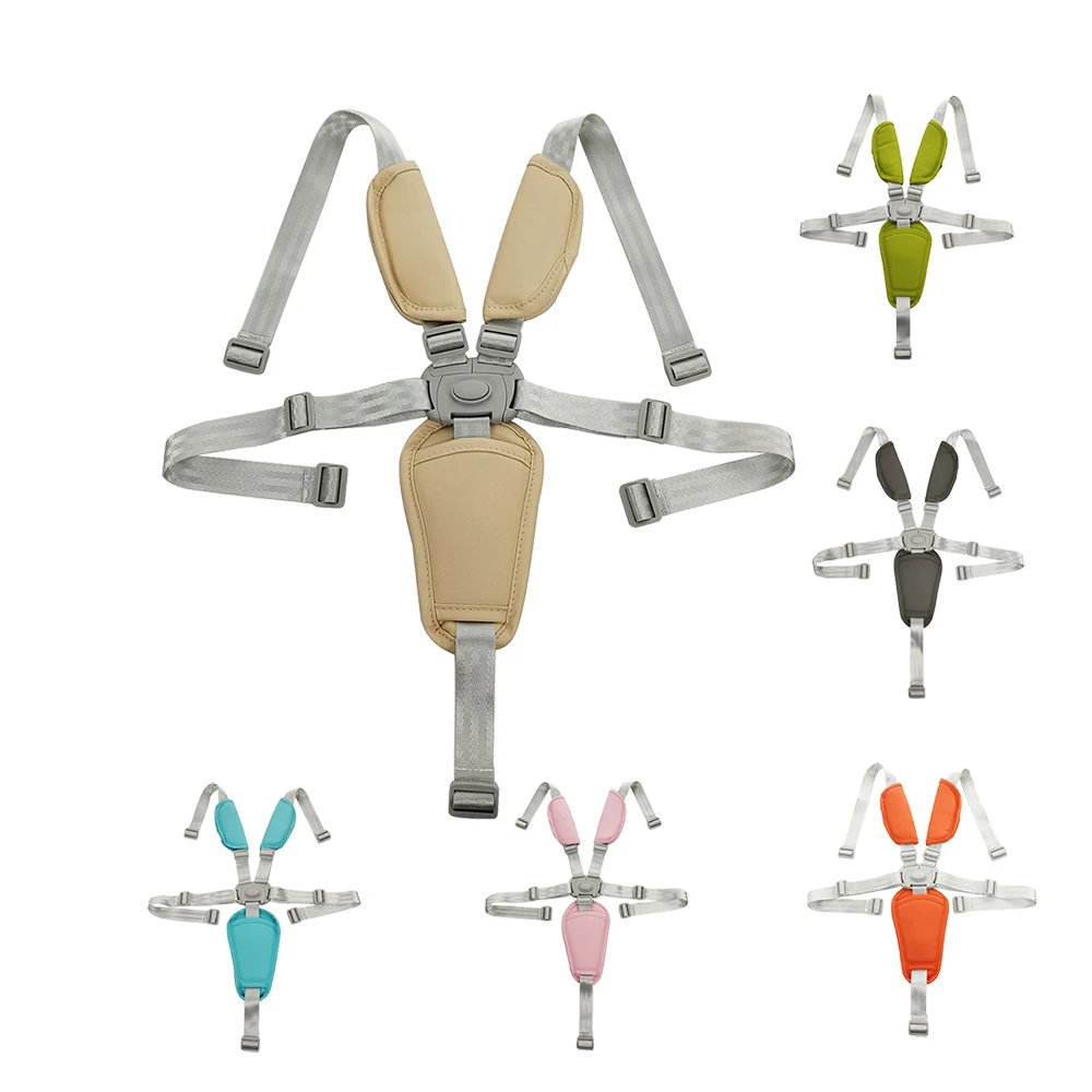 Baby-Geschirr für Kinderwagen, Abendessen, Stuhl, Hochstuhl, 5-Punkte, Sicherheitsgurt, Längenverstellung, PU-Leder, Schulterpolster im Schritt, universell Image