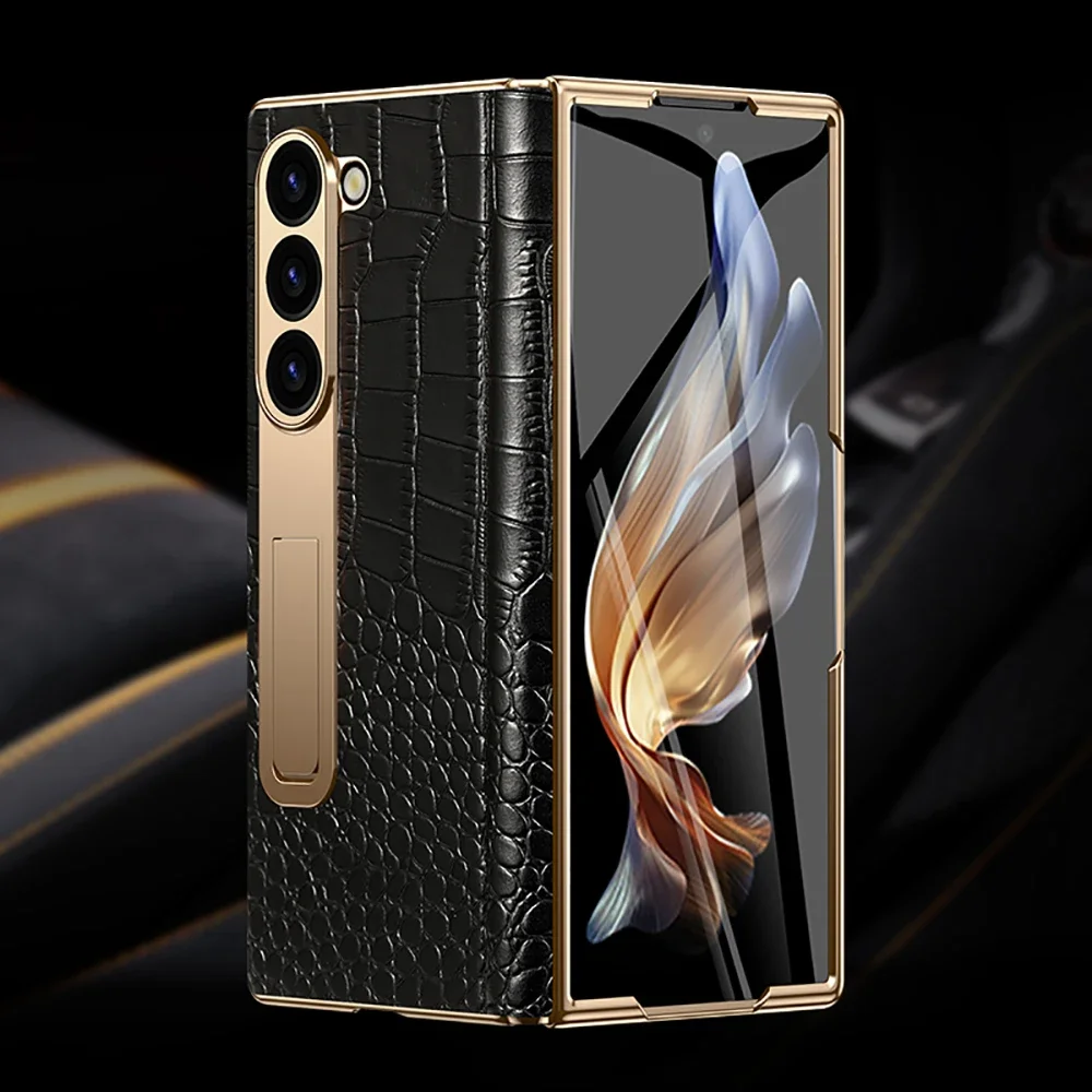 Lederhülle für Samsung Galaxy Z Fold 7, 6, 5, faltbar, 7, faltbar, 6, echtes Leder, magnetisch, magnetisch, Scharnierständer mit Spiegelfolie