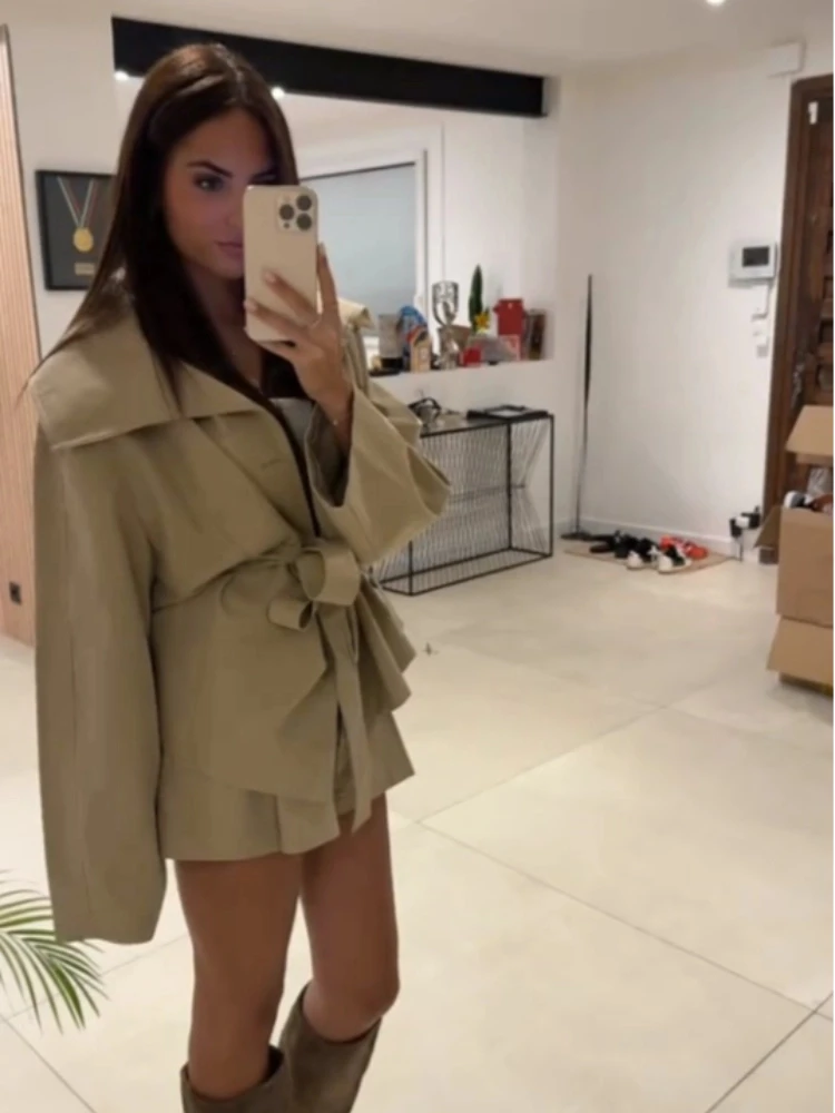 Elegante Große Revers Spitze Up Graben Mäntel Frauen Gürtel Langarm Einreiher Kurze Jacken 2025, Herbst Weibliche Chic Oberbekleidung