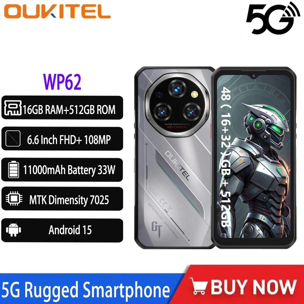 Oukitel WP62 5G Robustes Smartphone 48 GB (16 + 32) + 512 GB 6,6 Zoll FHD + 108 MP Kamera MTK-Abmessung 7025 11000 mAh 33 W Android 15 Mobiltelefon Image
