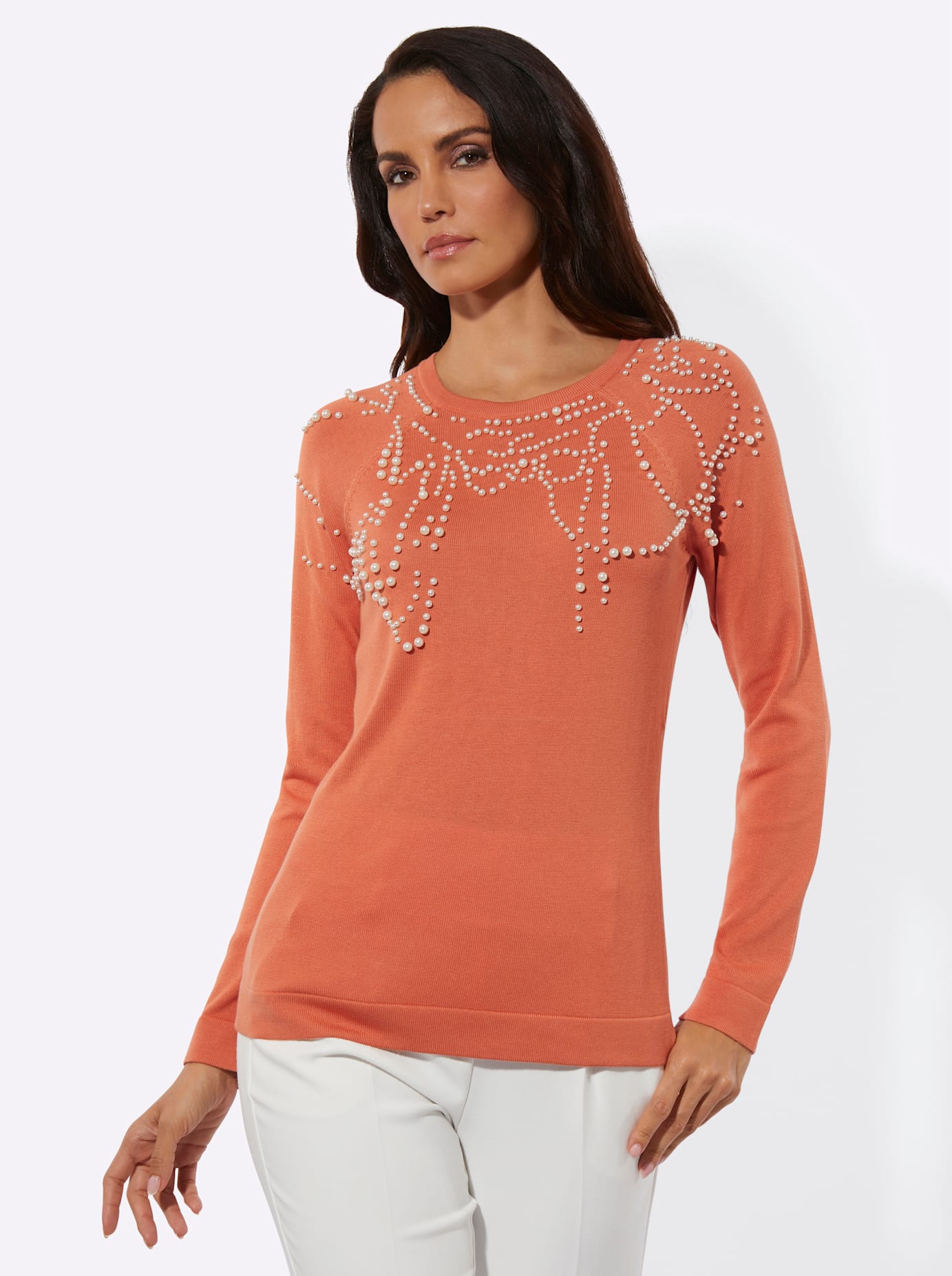 Strickpullover CREATION L "Modal-Baumwoll-Pullover", Damen, Gr. 52, papaya, 50% Baumwolle, 50% Modal, unifarben, Pullover Strickpullover