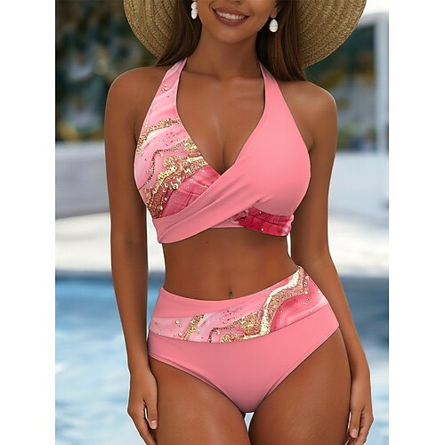 Damen Bikini 2-teiliges Badeanzug Farbblock Rock Urlaub Mode Grafik Gestreift V-Ausschnitt Ärmellos Badeanzüge Image
