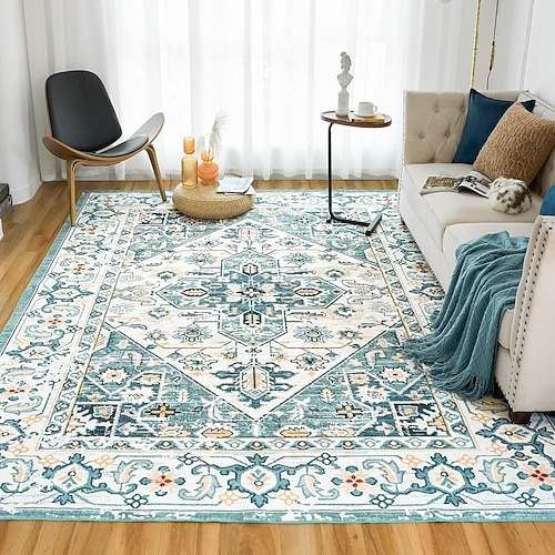 Maschinenwaschbarer Teppich, Vintage-Wohnzimmerteppich, waschbarer Couchtischvorleger mit rutschfester Unterseite, faltbar und leicht zu reinigen, weiche und strapazierfähige Fußmatte für Zuhause Image