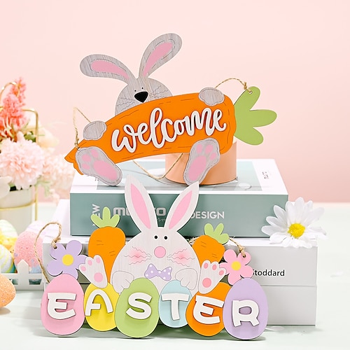 2er-Pack Osterdekorationen: Holzbuchstaben, Osterhasen-Anhänger, Hängedekorationen für die Osterzeit, Frühlingsdeko für Wand oder Tür, festliche Accessoires Image