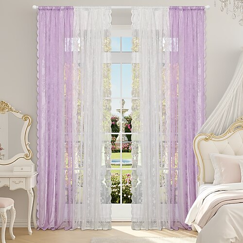 2/4 zweifarbige, transparente Spitzengardinen mit Stangendurchzug, Jacquard-Spitze, lichtdurchlässig und elegant, fertig konfektionierte Luxusgardinen für die Heimdekoration Image
