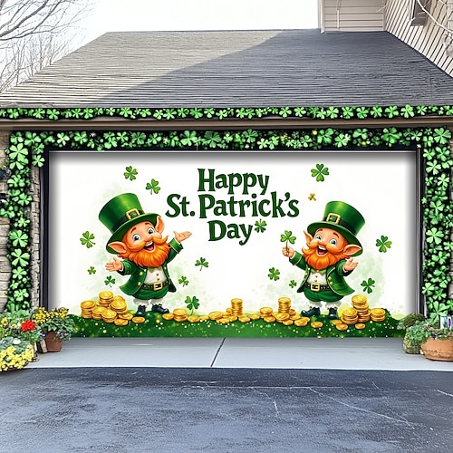 Fröhliches St. Patrick's Day Garagentorbanner, zwei Kobolde mit Kleeblättern Goldmünzen-Design, festliche Außendekoration für die Feierlichkeiten zum St. Patrick's Day. Image