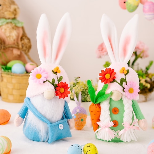 2er-Pack Osterhasenfiguren mit Blumenhüten, gesichtslose Puppe mit Karotte, kreative Tischdekoration für Ostern, Frühlingsdekorationen und einzigartige Wohnaccessoires Image