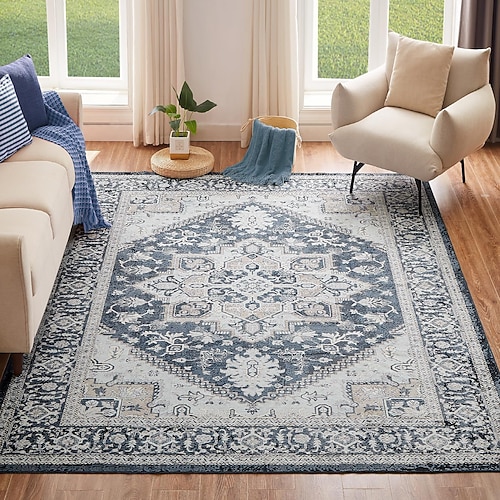 Maschinenwaschbarer Teppich, Vintage-Wohnzimmerteppich, waschbarer Couchtischvorleger mit rutschfester Unterseite, faltbar und leicht zu reinigen, weiche und strapazierfähige Fußmatte für Zuhause Image