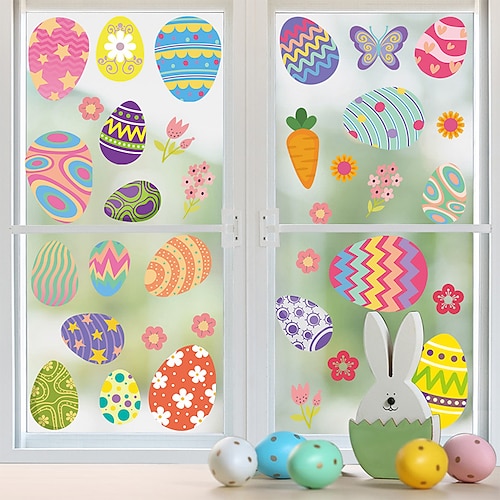 2 Bögen Oster-Fensteraufkleber, statisch haftende Ostereier-Hasen-Dekorationen für Wohnzimmer, Fensterscheiben und Osterdekorationen Image